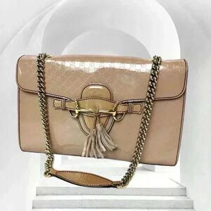 Y2K GUCCI EMILY PATENT chain strap flap bag beige blush horsebit tassel Japan